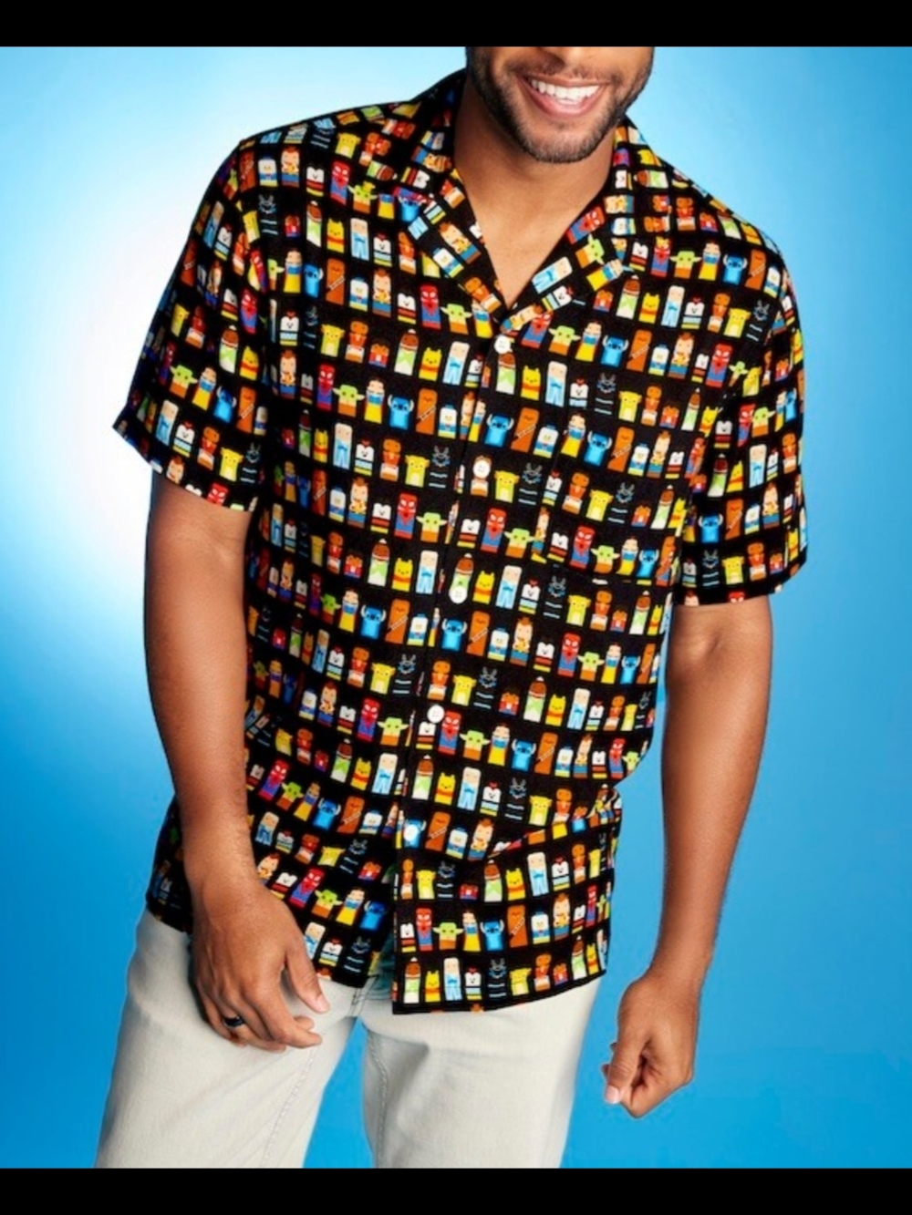 Disney Black Short-Sleeve Button-Down Shirt with Colorful Character Print